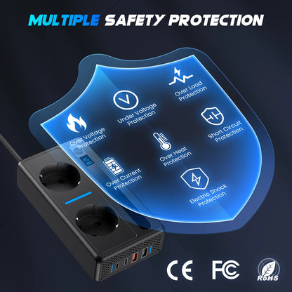 300W Car Inverter 12V to 220V European Standard Multi-Functional Digital Display With 2 AC Sockets, 2 USB Ports, 2 Type-C PD Ports