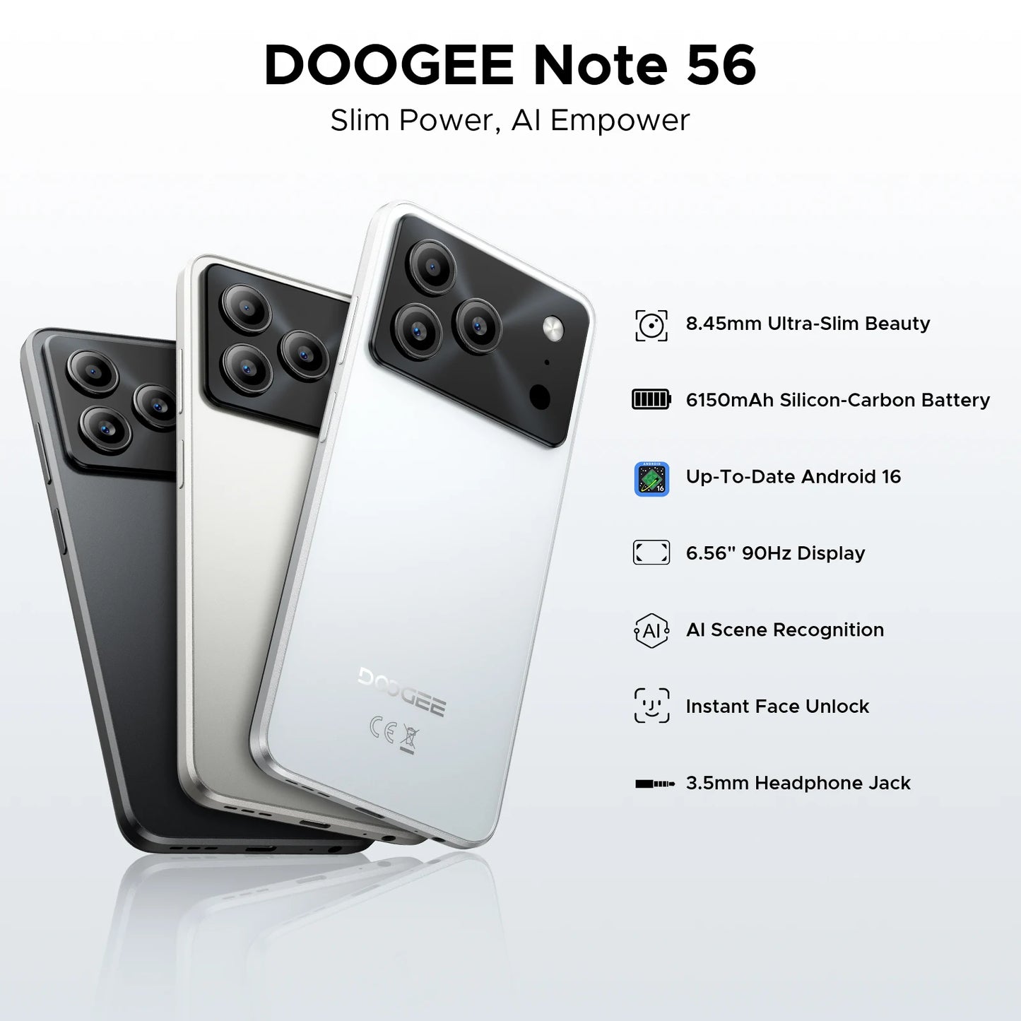 Global Version DOOGEE Note 56 Smartphone Android 16 6150mAh Battery 6.56'' Display 24GB RAM + 64GB ROM 8MP Camera Mobile Phone