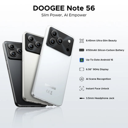 Global Version DOOGEE Note 56 Smartphone Android 16 6150mAh Battery 6.56'' Display 24GB RAM + 64GB ROM 8MP Camera Mobile Phone