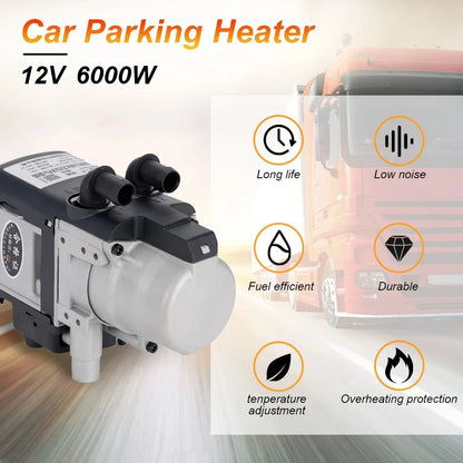 12V 6KW Diesel Heater One/Two-Way Remote Control LCD Switch Parking Heater Brushless Water Pump Diesel Heating for Car Van Trucks Engine Preheating