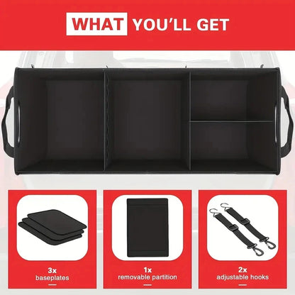 Universal Large Trunk Organizer For Car, Collapsible Multi Compartment Trunk Storage Bag With 2 Retractable Straps