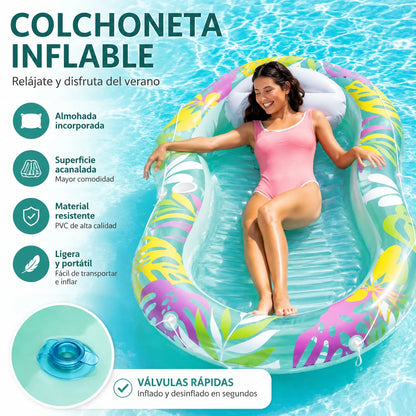 Inflatable Lounge Mat'Oasis Tropical' Pink and Green 206X122Cm High Quality Pvc Supports 100kg Multifunctional Reclining Design for Pool, Beach, Lake and Summer Leisure Activities