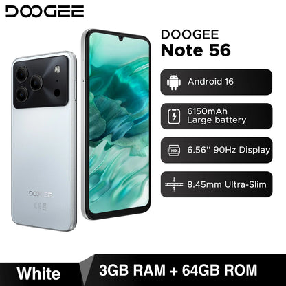 Global Version DOOGEE Note 56 Smartphone Android 16 6150mAh Battery 6.56'' Display 24GB RAM + 64GB ROM 8MP Camera Mobile Phone