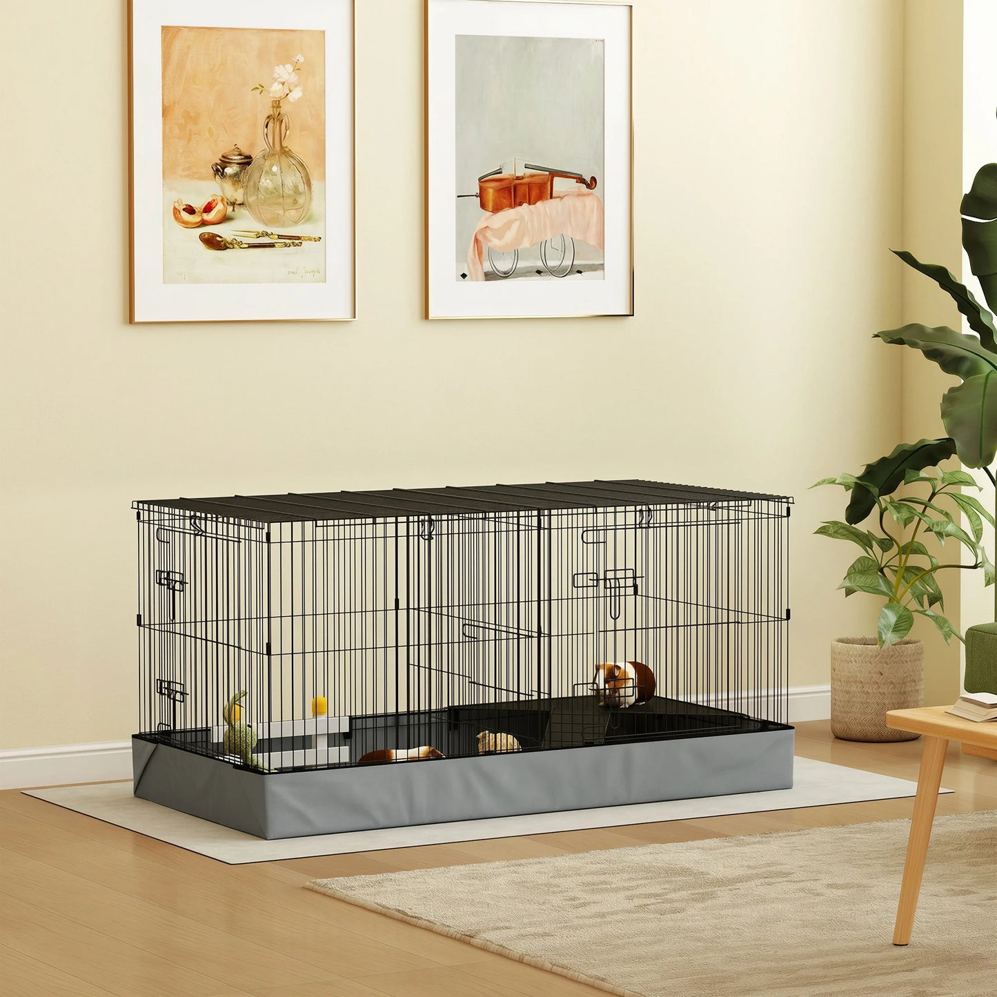 Large Metal Rabbit hamster Cage with Liner & Ramp, Indoor 2-Tier Bunny Habitat with Removable Base, Pet Cage for Rabbit, Guinea Pig, Small Animals