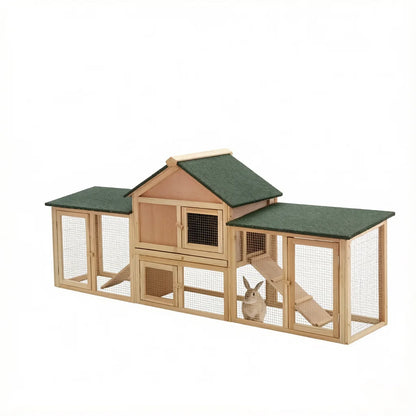 Large Outdoor Wooden Rabbit Hutch with Double Side Run Enclosures, Waterproof Asphalt Roof, Lockable Access Doors, Spacious Resting House and Activity Play Space, Weatherproof Pet Cage for Rabbits, Guinea Pigs and Small Outdo