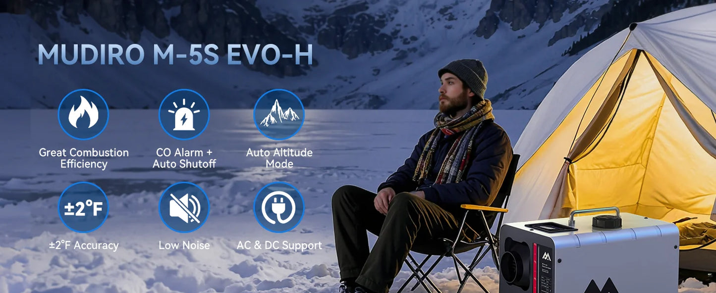 MUDIRO M-5S EVO-H Diesel Air Heater, CO Protection,Custom Alarm & Auto Shutoff, Whisper-Quiet, ±2°F Precision Temp, 5500m Auto-Adaptive Altitude,Smart LCD Bluetooth & Remote, Auto Start/Stop, for Car/Truck/RV/Boat/Tent/Bus/