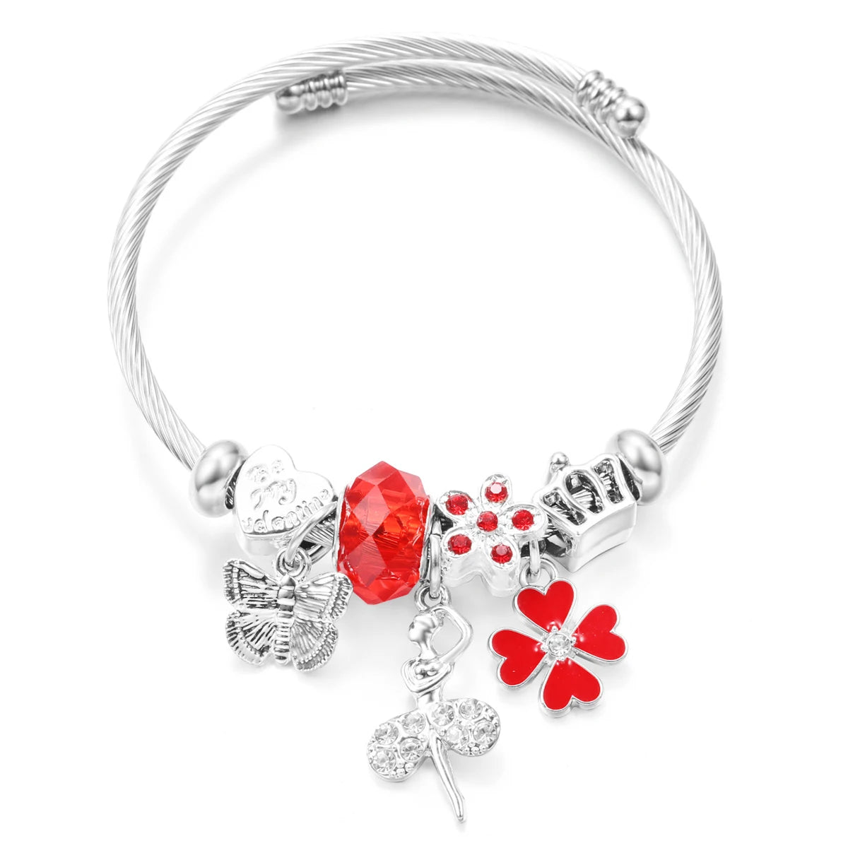 New Trendy Rhinestones Dragonfly Crystal Beaded Pendant Bracelet Stainless Steel 4 Colors Closure Bangles Women Bracelet Jewelry