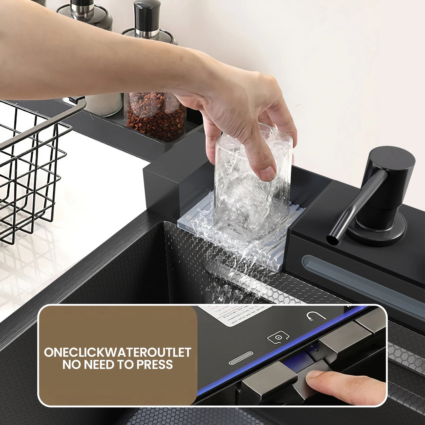 OWJHE304 Stainless Steel Kitchen Sink with Digital Display Waterfall Faucet Multifunctional 75*45cm Large Single Slot Whale Sink