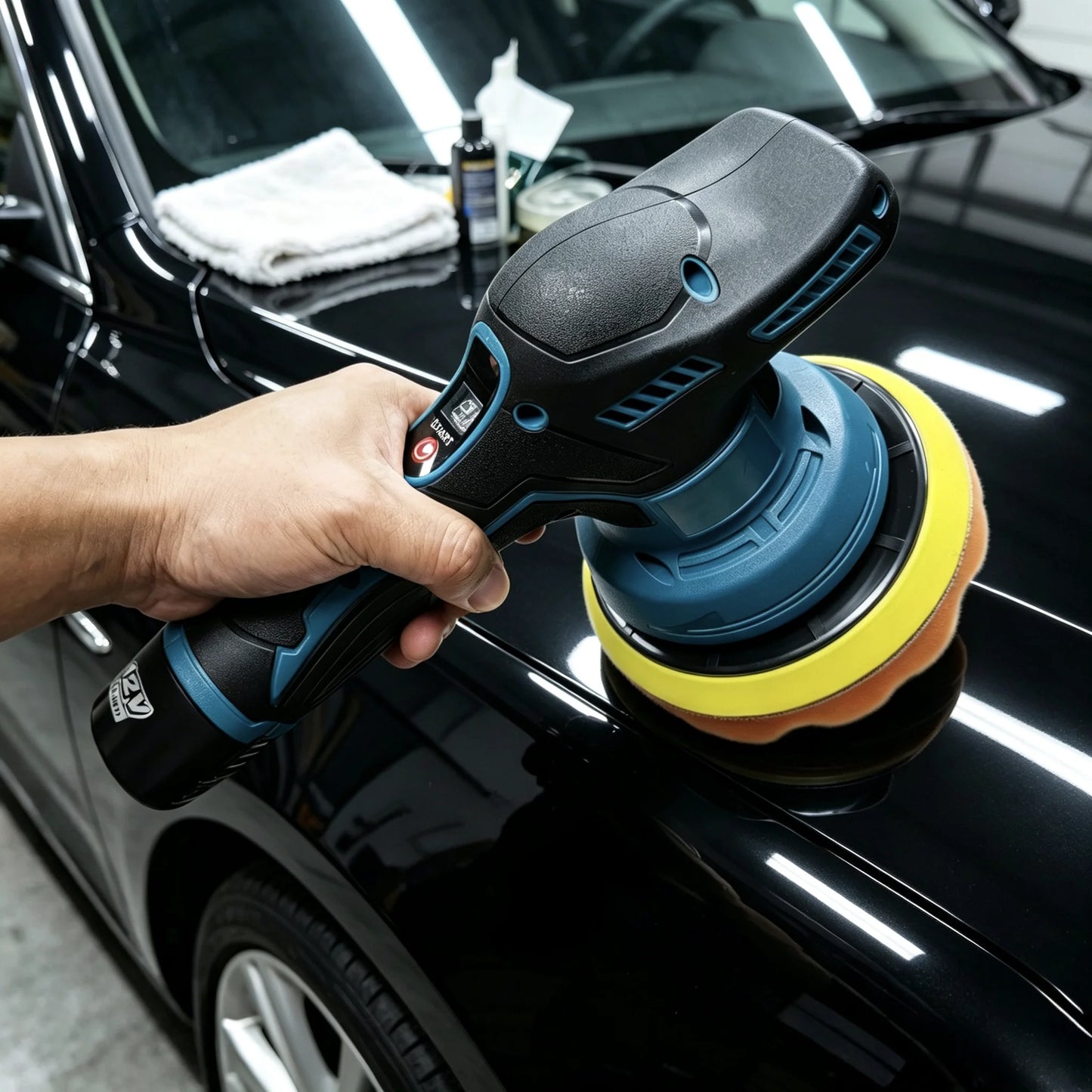 This 12V cordless electric polisher/Sander features 8 adjustable speeds and comes with a spare battery. It includes a sponge pad, dusting pad, and sandpaper. Suitable for car repair and detailing, polishing wood furniture sur