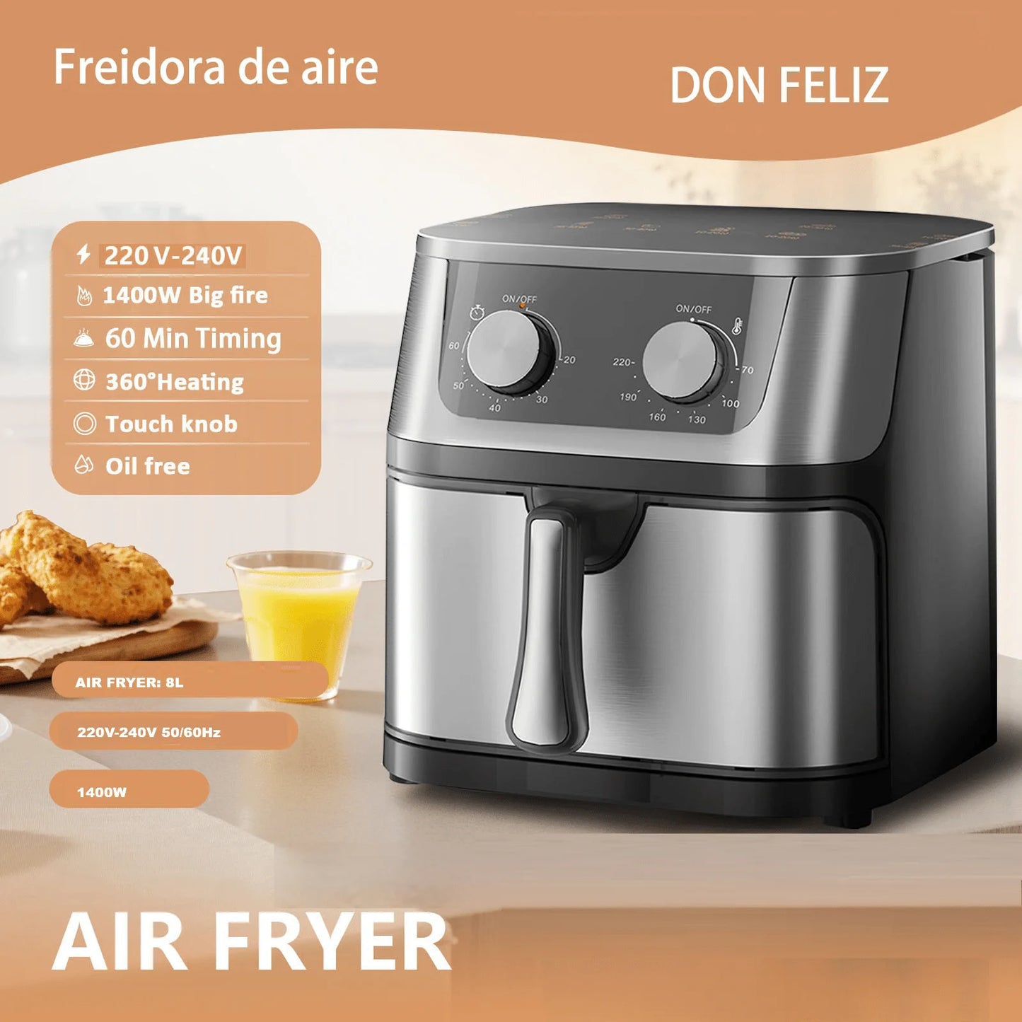 8L Air Fryer, Stainless Steel, 1400W, Oil Fryer, Healthy Cooking, Mechanical Control, 360 °   Heating, 60 Min Timer