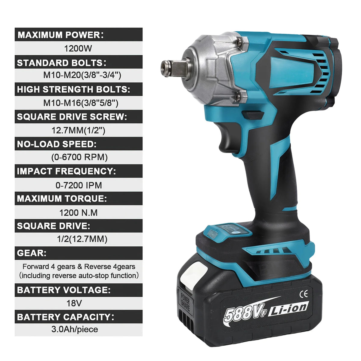 1200/1800N·m Brushless Cordless Electric Wrench Set 1/2" Car Truck Repair Screwdriver Power Tool Impact Drill Rechargable with 1 Battery
