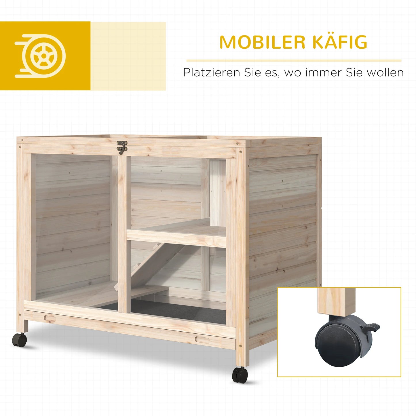 Rabbit Cage, Mobile Wooden Pet Hutch with Wheels, Indoor Bunny Cage with Openable Top, Ramp & Removable Tray for Small Animals Farm Animal Supplies Easy Clean Tray & Multi-Level Platforms