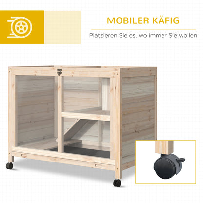 Rabbit Cage, Mobile Wooden Pet Hutch with Wheels, Indoor Bunny Cage with Openable Top, Ramp & Removable Tray for Small Animals Farm Animal Supplies Easy Clean Tray & Multi-Level Platforms