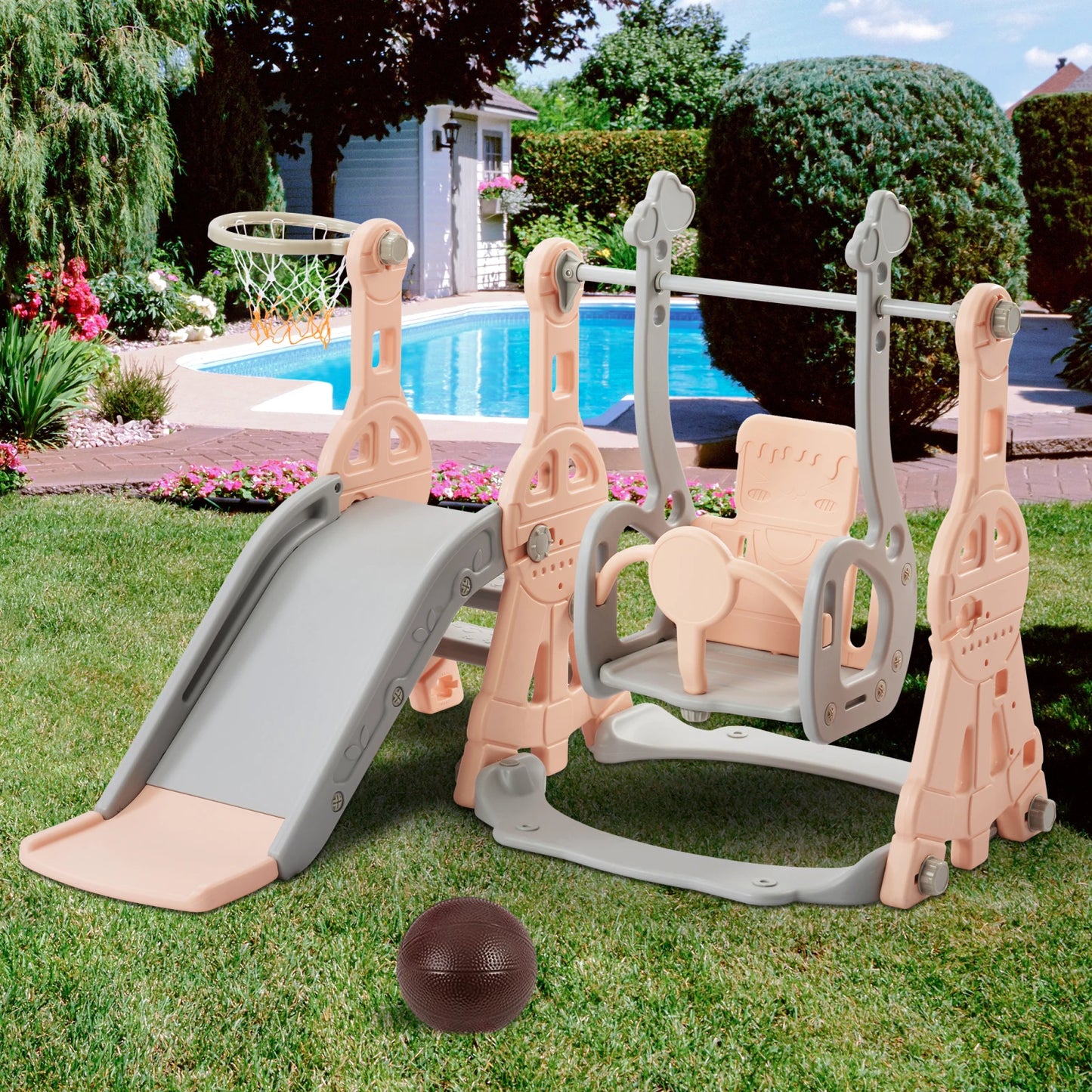 Children's playground Set, 4-in-1 Toddler Slide and Swing Combination, Independent Children's Climbing Slide, with Basketball Hoop, Suitable for Both Indoor and Outdoor Use, an Ideal Gift for Boys and Girls