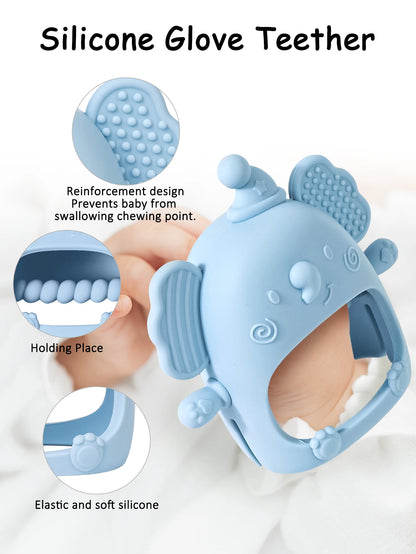 1pc Infant Silicone Teething Toy & Anti-drop Glove Set Elephant Shaped Soft Safe Nesting Toy For Early Educational