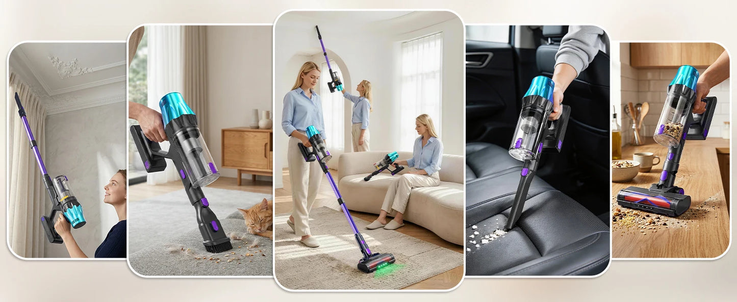 Blossom V20 Cordless Vacuum Cleaner, 650W Brushless Motor, 55KPa Powerful Suction, 65Min Runtime, Green LED Light, for Pet Hair Hardwood Carpet