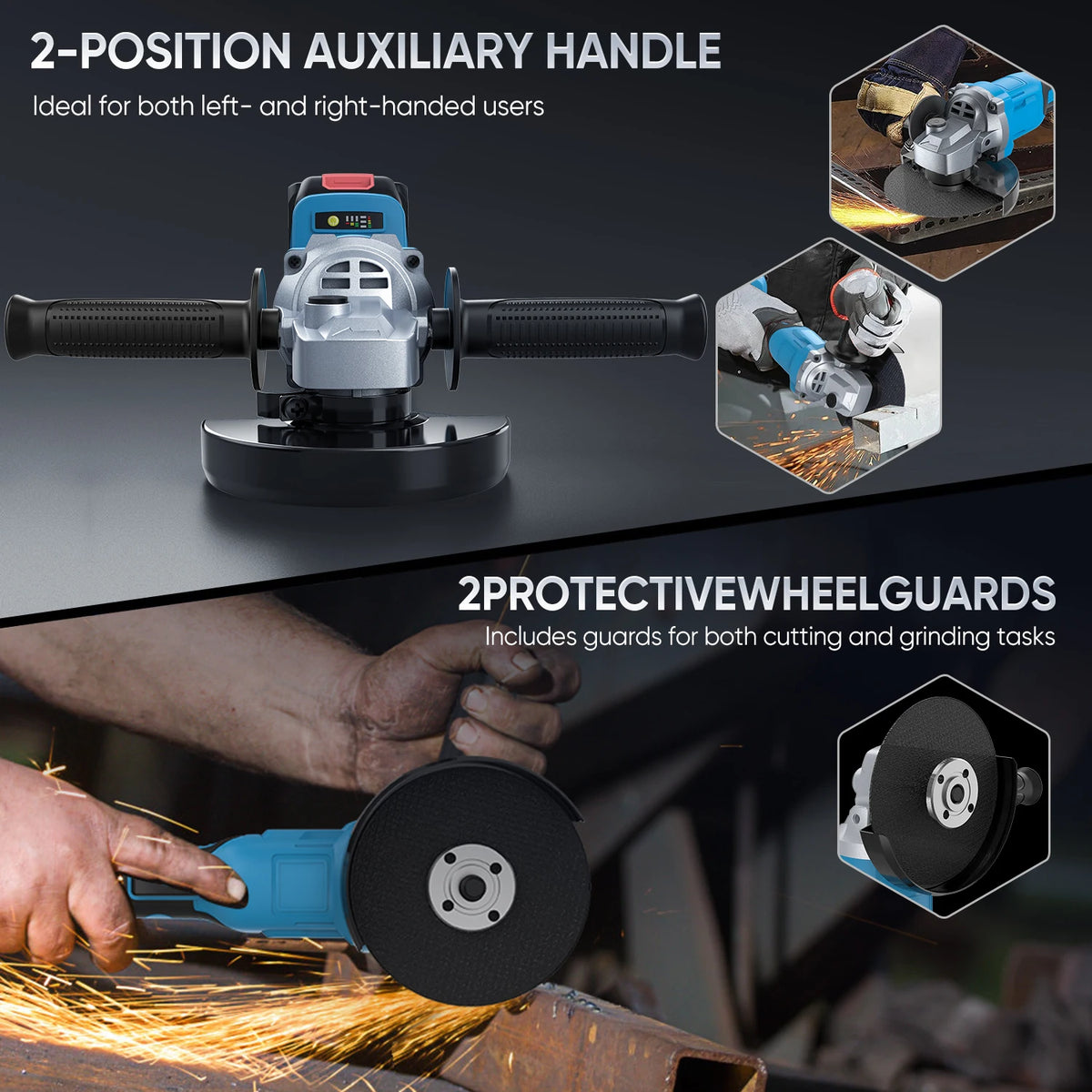 21V 125mm Brushless Angle Grinder 3-Speed Cordless Grinder Cutting Woodworking Electric Tool Suitable for Makita 21V Battery