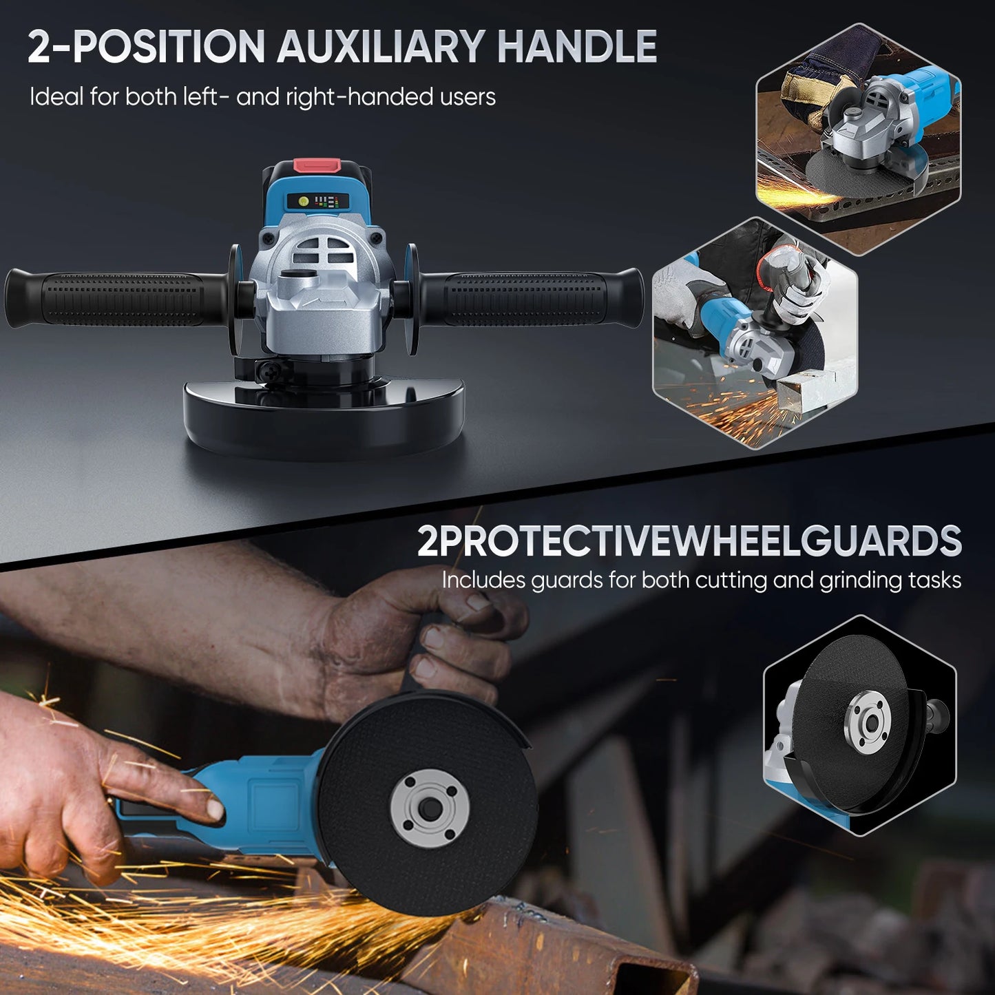 21V 125mm Brushless Angle Grinder 3-Speed Cordless Grinder Cutting Woodworking Electric Tool Suitable for Makita 21V Battery
