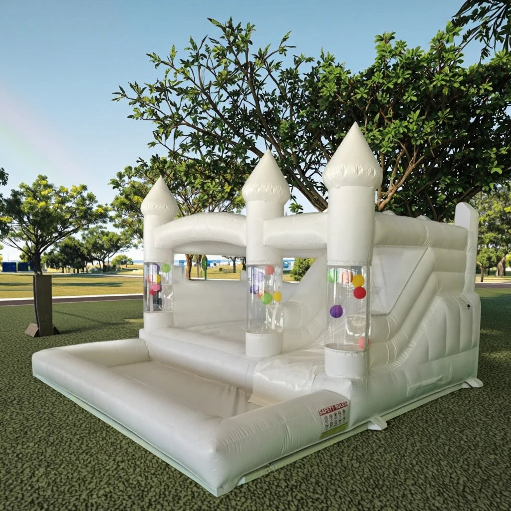 Newly 15ft  Inflatable Bounce House With Balloon Durable PVC White Jumping Castle with Slide, Ball Pit Bounce House For Party