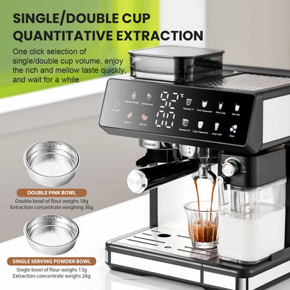 1350W coffee fully automatic, with dual boiler and milk frother, 2.7L water tank, touch screen, Bean and powder coffee