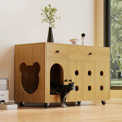Wooden cat litter box cabinet/cat bed with drawers and wheels, multi-functional cat house furniture/portable cat toilet/storage cabinet, effectively controls odors, suitable for indoor cat house decoration.