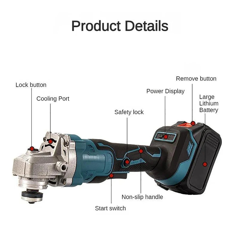 125MM Brushless Electric Angle Grinder 3 Speeds Cordless Grinder Cutting Machine Woodworking Power Tool for Makita 18v Battery