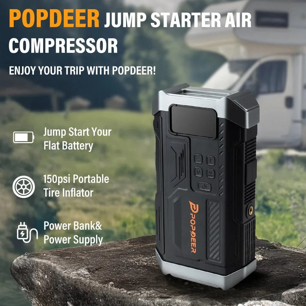 POPDEER PD-JA3 5000A 4-in-1 Jump Starter, 150PSI Air Compressor, 12V USB Powerbank with LCD Display, 10L Gas/8L Diesel