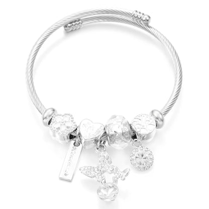 New Trendy Rhinestones Dragonfly Crystal Beaded Pendant Bracelet Stainless Steel 4 Colors Closure Bangles Women Bracelet Jewelry