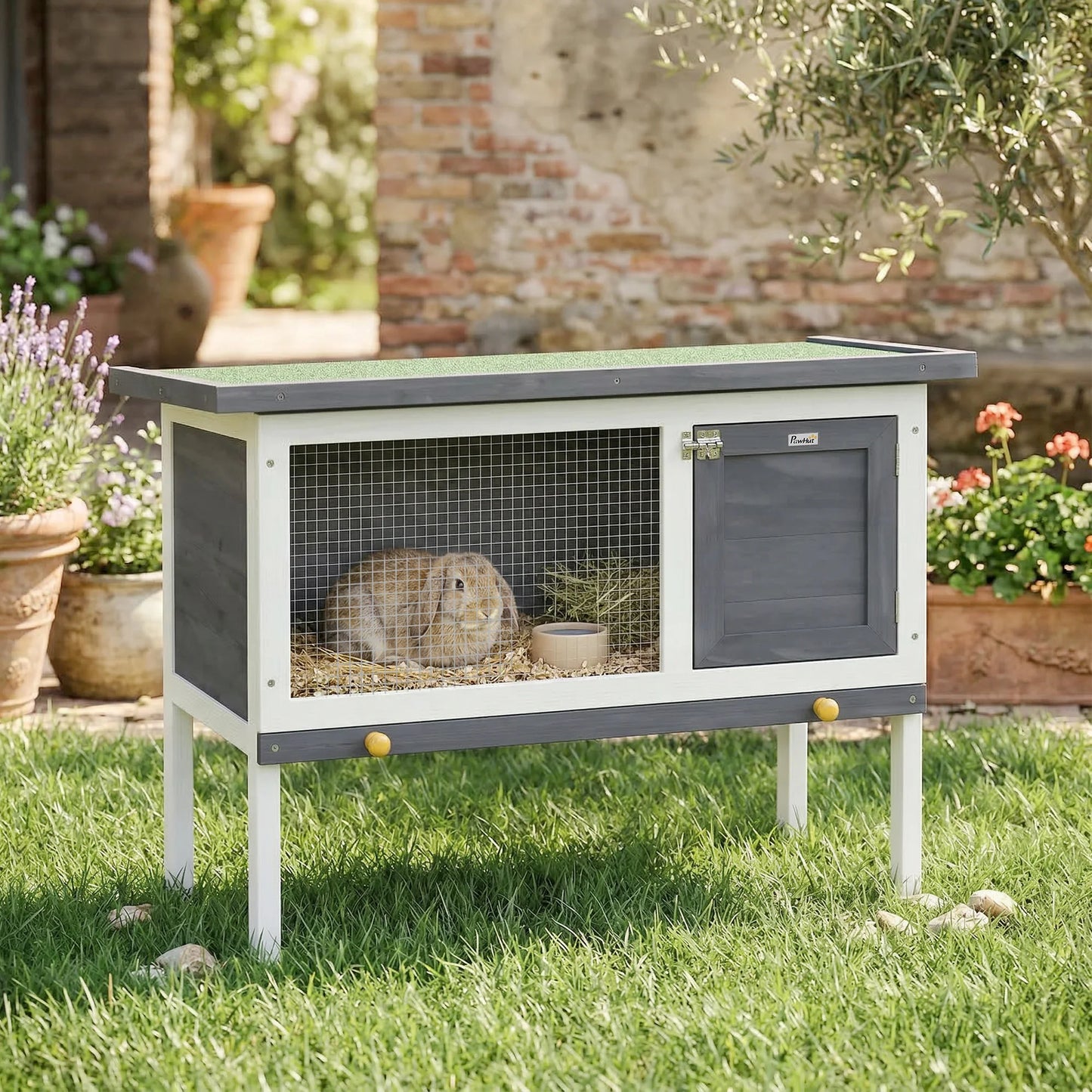 Rabbit Cage, Elevated Wooden Pet Cage for Small Animals, Outdoor Bunny Hutch with Removable Tray, Openable Top & Lockable Door Pet Cage for Small Animals