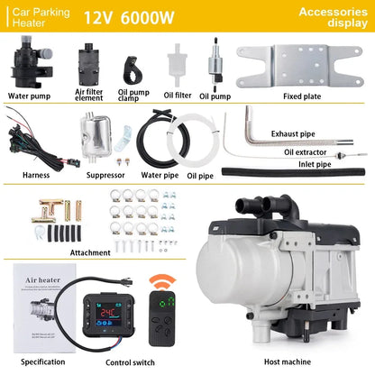 12V 6KW Diesel Heater One/Two-Way Remote Control LCD Switch Parking Heater Brushless Water Pump Diesel Heating for Car Van Trucks Engine Preheating