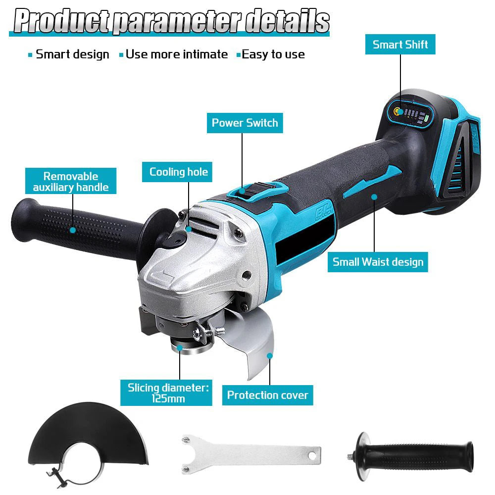 125MM Brushless Cordless Electric Angle Grinder 4 Speed Grinding Polishing Machine Woodworking Power Tool For Makita 18V Battery