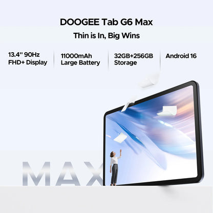 DOOGEE Tab G6 Max Tablet Android 16 32GB+256GGB 13.4'' 90Hz Display 11000mAh Battery 7.7mm Ultra-thin UNISOC T7280 Widevine L1