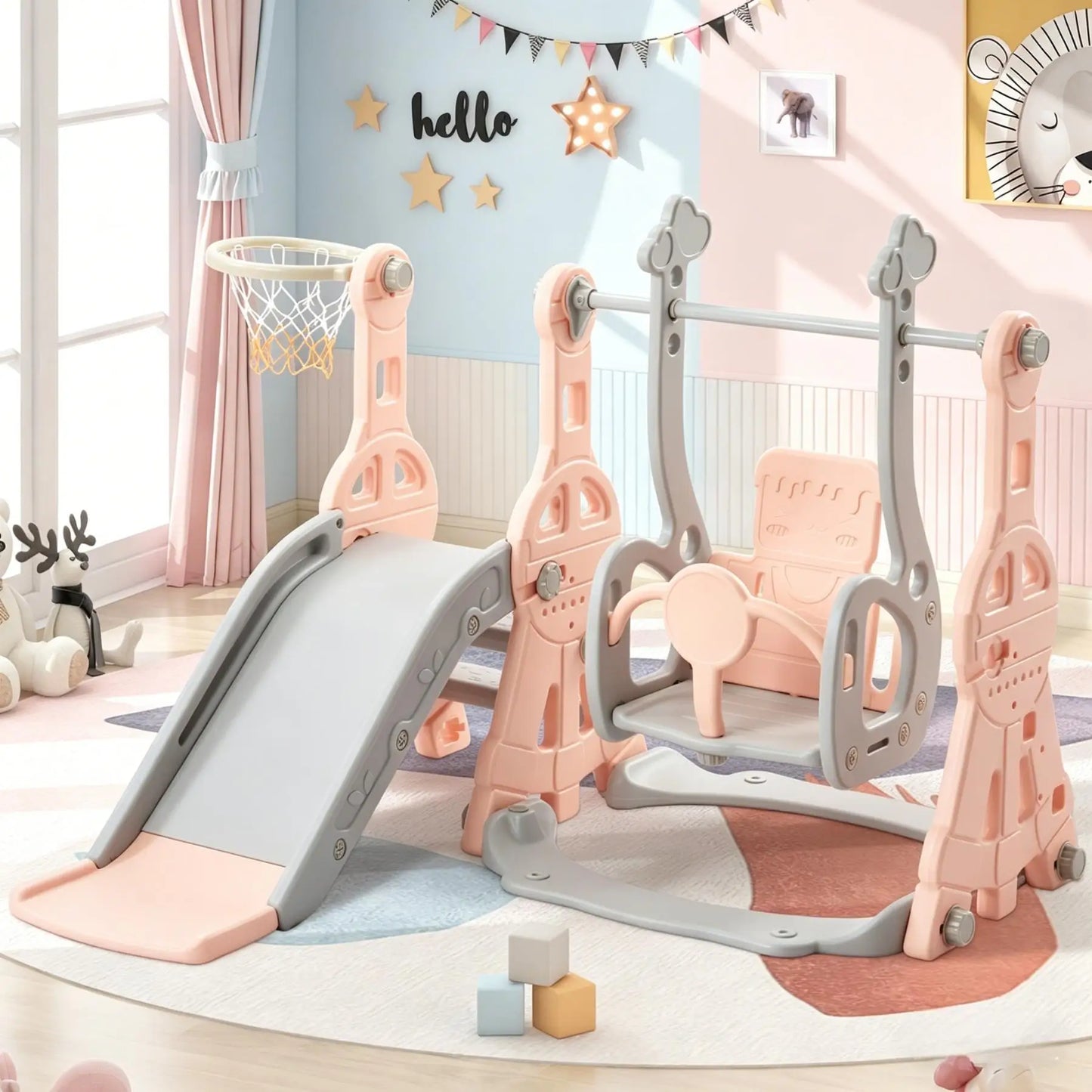 Children's playground Set, 4-in-1 Toddler Slide and Swing Combination, Independent Children's Climbing Slide, with Basketball Hoop, Suitable for Both Indoor and Outdoor Use, an Ideal Gift for Boys and Girls