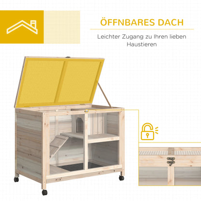 Rabbit Cage, Mobile Wooden Pet Hutch with Wheels, Indoor Bunny Cage with Openable Top, Ramp & Removable Tray for Small Animals Farm Animal Supplies Easy Clean Tray & Multi-Level Platforms
