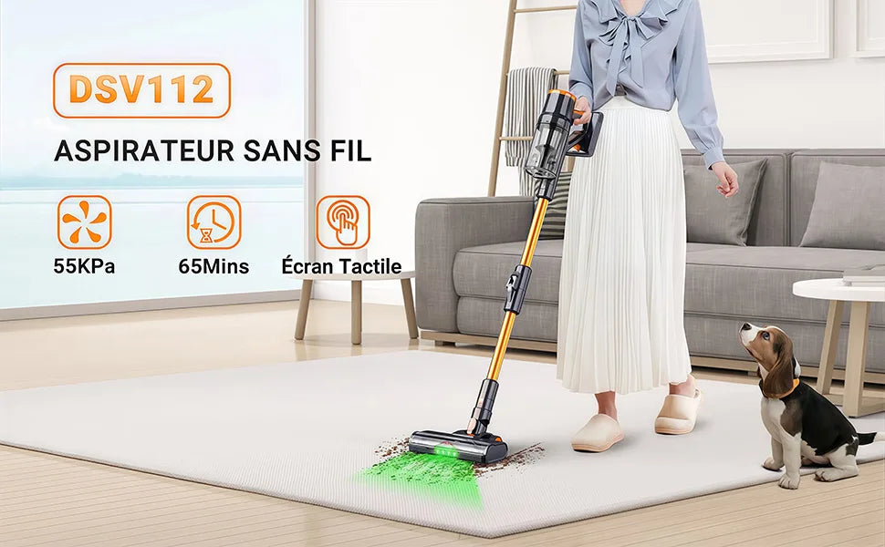 Blossom DSV112A 550W Cordless Vacuum Cleaner, 45000Pa Powerful Suction, 55 Mins Runtime, Touchscreen Stick Vacuum for Pet Hair & Carpet
