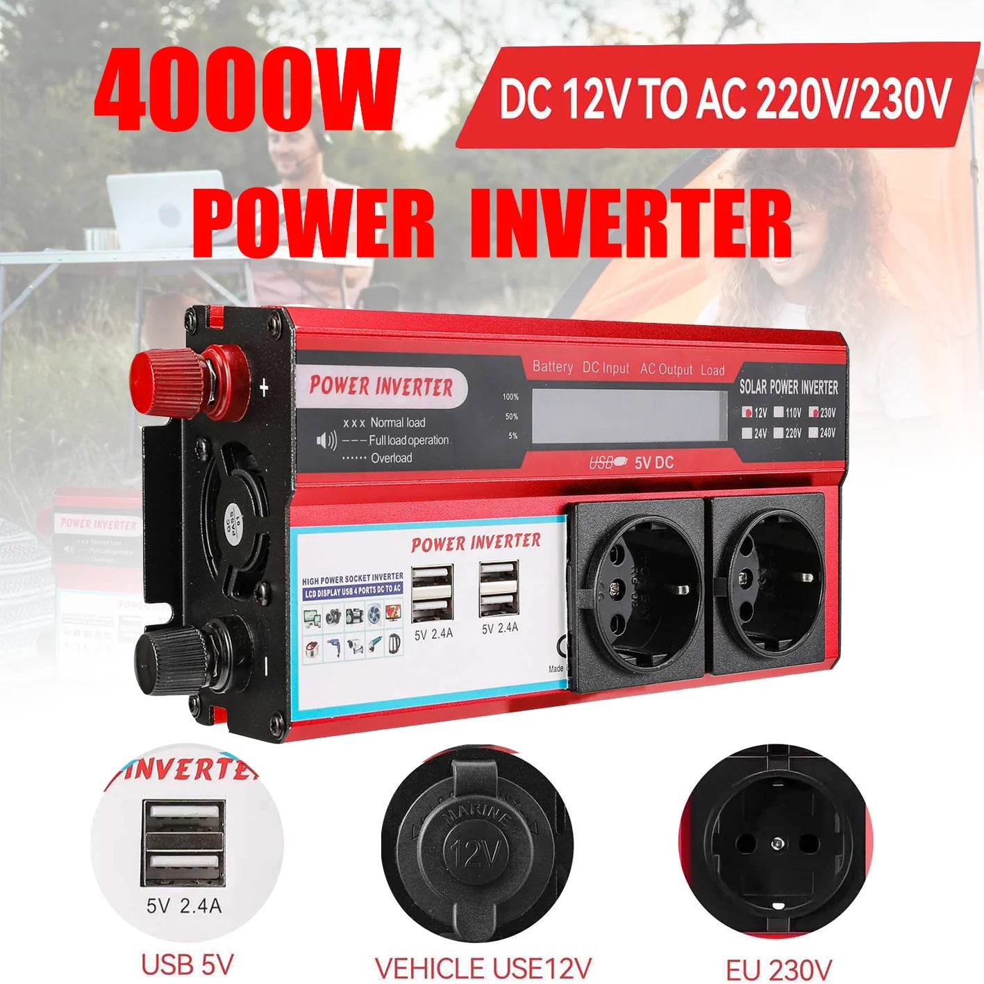 4000W 3000W Power Inverter DC 12V To AC 220V 230V Transformer with 4 USB EU Socket Charge with LED Display for RV Phone Car