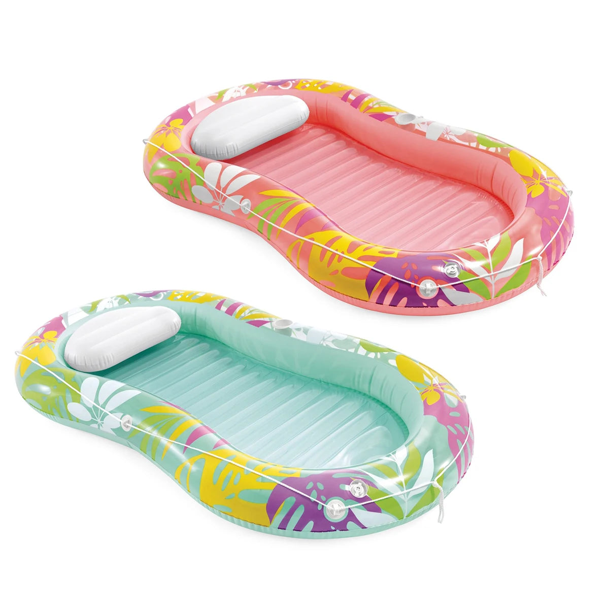 Inflatable Lounge Mat'Oasis Tropical' Pink and Green 206X122Cm High Quality Pvc Supports 100kg Multifunctional Reclining Design for Pool, Beach, Lake and Summer Leisure Activities