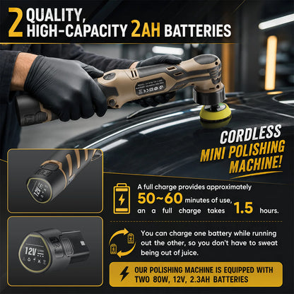 Cordless Mini Car Polisher 12V Detailing Wireless Car Polishing Machine 1/1.5/2 Inch Pades Kit For Auto waxis, Adjustable Speed With 11 Speed Settings and a range of 2500 - 6000 RPM for car and furniture polishing and scratch