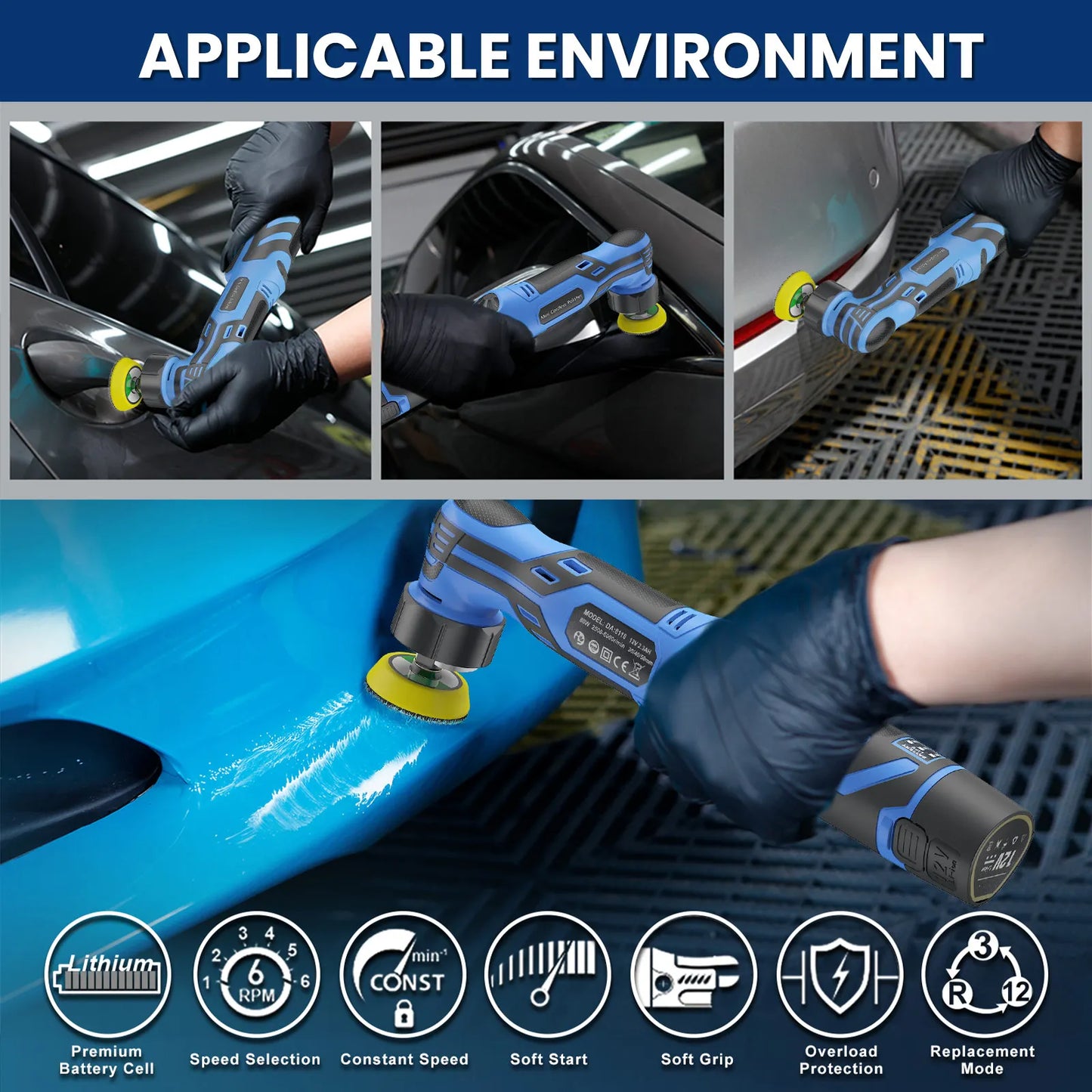 12V Cordless Mini Car Polisher RO/DA Dual Mode Polishing Machine, Comes with 1/1.5/2 Inch Pads Kit, Rechargeable Wireless Tool for Auto Detailing and Waxing