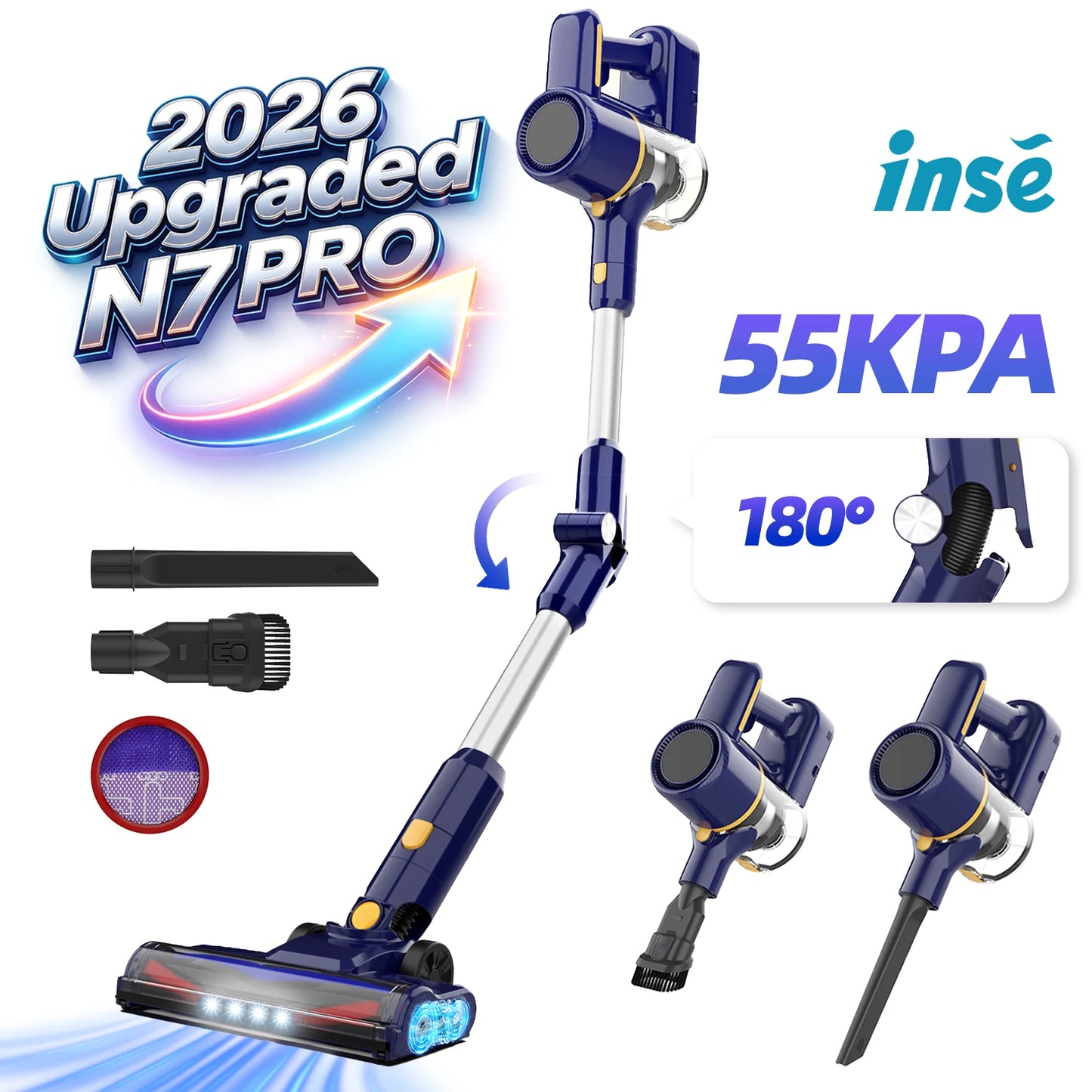 N7 PRO cordless vacuum cleaner-55 kPa powerful, 2 Modes, removable battery, for animal hair, Carpet, hard floors