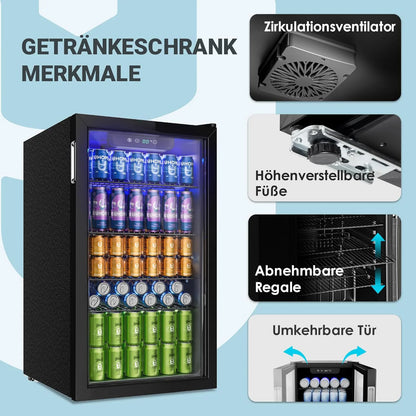 Drinks refrigerator with Glass Door for 126 Cans Adjustable Shelves Beer/Wine Home/Bar/office Black stainless steel