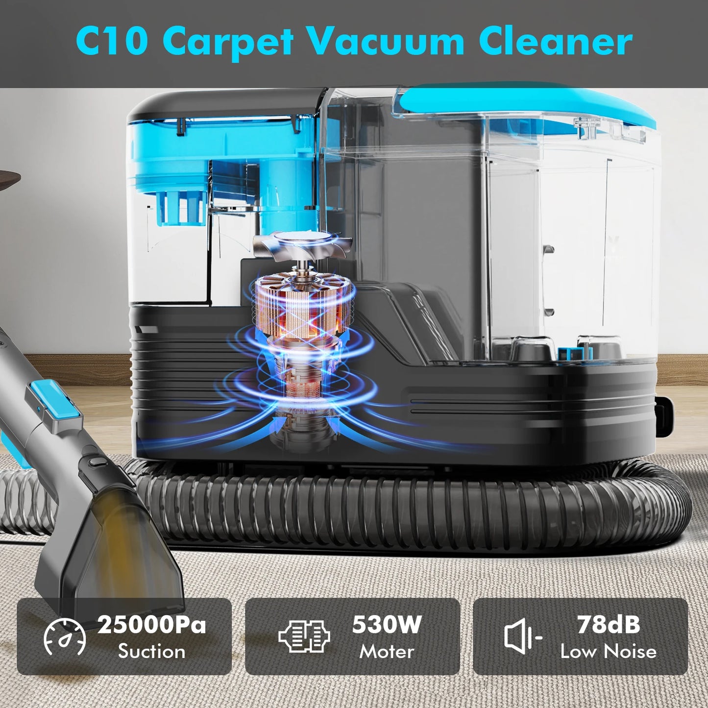 25KPA Washing Vacuum Cleaner, Portable Wired Rug Cleaner, Removable Stain Cleaner with Two Water Tanks, Wet and Dry Vacuum Cleaner