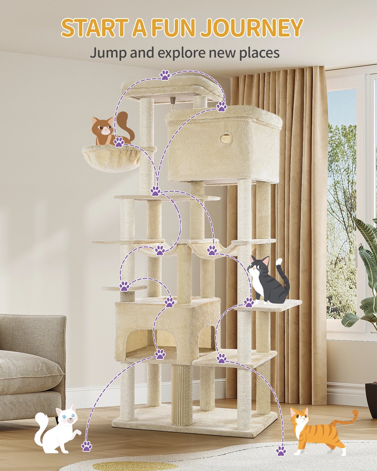200cm XXL cat tree with 10 scratching posts, 2 caves, 2 hammocks, large platform,basket,for Maine Coons,large cats, beige