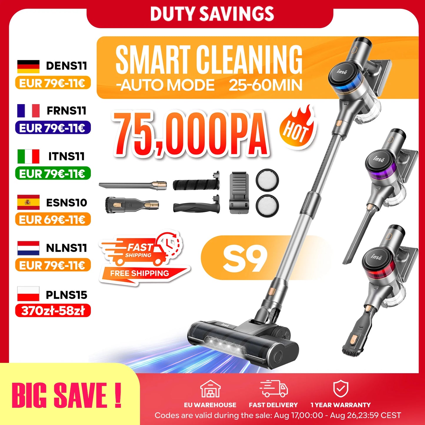 Inse S9 cordless vacuum cleaner, 75KPa, 1L tank, LED display, ideal animal hair and Carpet