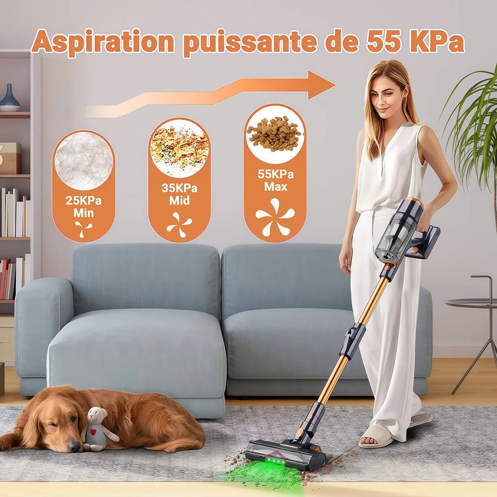 Blossom DSV112A 550W Cordless Vacuum Cleaner, 45000Pa Powerful Suction, 55 Mins Runtime, Touchscreen Stick Vacuum for Pet Hair & Carpet