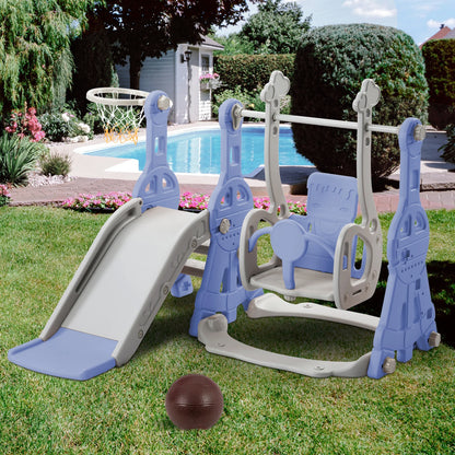 Anajqaqia 4-in-1 Toddler Playground Set, Kids Slide, Swing, Climbing Ladder and Basketball Hoop, Indoor Outdoor Play Center, Adjustable Swing, Blue