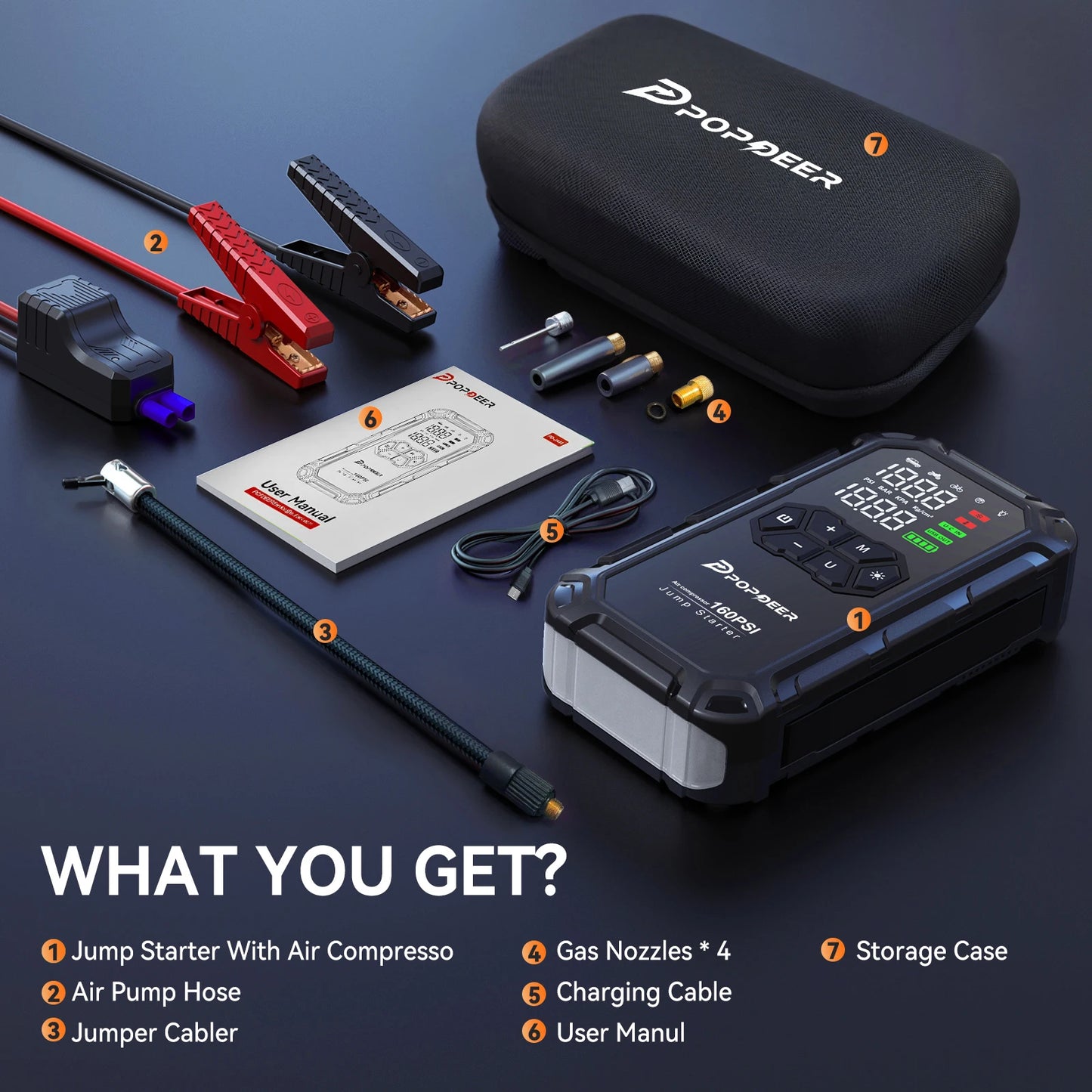 POPDEER PD-JA66 6000A Jump Starter with Air Compressor 160PSI, for All Gas & 8L Diesel Engines, LCD Display, USB Port, LED Light