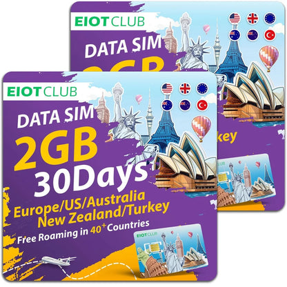 EIOTCLUB Prepaid Europe SIM Card - 2GB 30DAY, Coverage in 40+Countries Including The US, Europe, Australia, New Zealand, Turkey