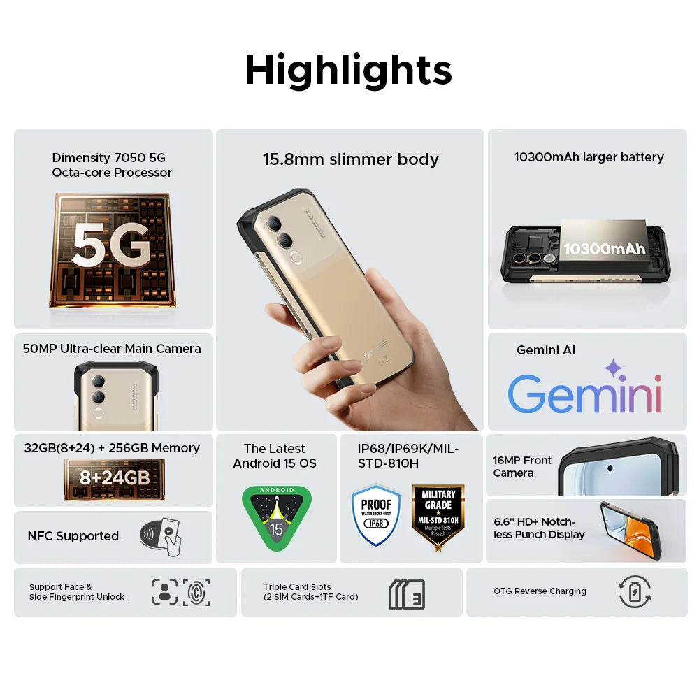DOOGEE Blade20 Turbo 5G Rugged Phone Gemini Al 6.6'' Screen 10300mAh Battery 8GB 256GB 50MP Camera Android 15 NFC Mobile Phone