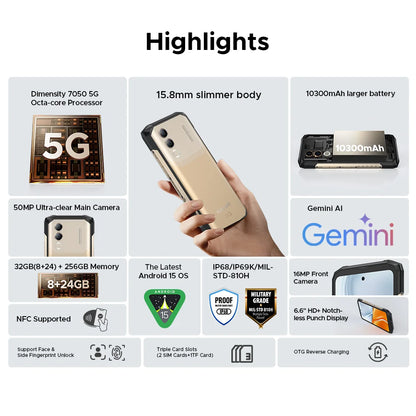 DOOGEE Blade20 Turbo 5G Rugged Phone Gemini Al 6.6'' Screen 10300mAh Battery 8GB 256GB 50MP Camera Android 15 NFC Mobile Phone